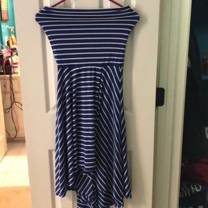 Blue and white strapless dress